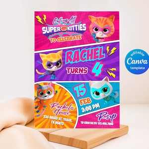 SuperKitties invitation, Printable Editable Super Kitty Invite, SuperKitty Birthday Party invite template, Kitten Invitation Cute Invite