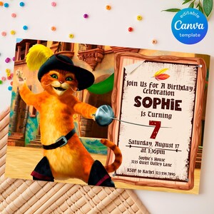 以下が含まれることがあります： シュレックの映画から、ブーツを履いた猫が描かれた誕生日招待状。招待状は、ソフィーの7歳の誕生日パーティー用です。招待状には、パーティーの日時と場所が記載されています。RSVPの情報も含まれています。