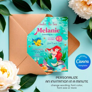 May include: An invitation card with a mermaid theme, featuring Ariel, Flounder, and a crab. The invitation is for Melanie's sixth birthday, with the text "Under The Sea". The card is inside a brown envelope.