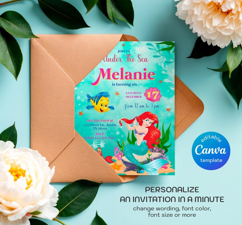May include: An invitation card with a mermaid theme, featuring Ariel, Flounder, and a crab. The invitation is for Melanie's sixth birthday, with the text "Under The Sea". The card is inside a brown envelope.