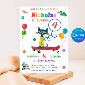 印刷可能なピート・ザ・キャットの誕生日パーティー招待状、編集可能なピート・ザ・キャットの招待状、パーティー招待状テンプレート、男の子女の子の誕生日