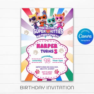 SuperKitties invitation, Printable Editable Super Kitty Invite, SuperKitty Birthday Party invite template, Kitten Invitation Cute Invite