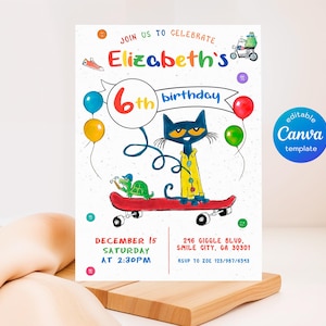 printable Pete the Cat Birthday Party Invitation, Editable Pete the Cat Invite, Party Invite Template, boy girl birthday