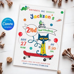 May include: A colorful birthday invitation featuring a cartoon cat on a skateboard. The invitation says "Jackson's 2nd birthday" and includes the date, time, and location of the party.