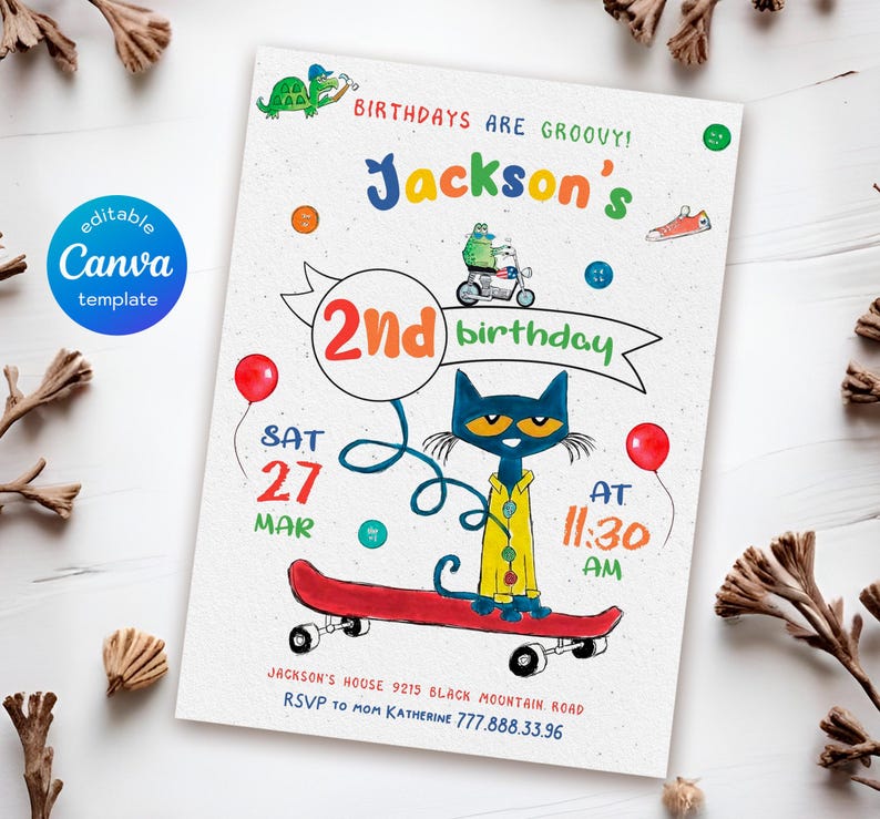 May include: A colorful birthday invitation featuring a cartoon cat on a skateboard. The invitation says "Jackson's 2nd birthday" and includes the date, time, and location of the party.
