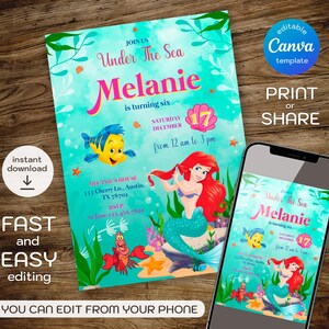 May include: A teal and pink Under the Sea themed birthday invitation featuring a mermaid, fish, and crab illustrations. The invitation includes the text "Melanie is turning six" and event details. A smartphone displays the invitation.