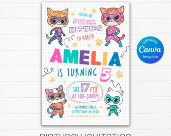 SuperKitties Einladung, druckbare bearbeitbare Super Kitty einladen, SuperKitty-Geburtstagsfeier einladen Vorlage, Kätzchen-Einladung niedlich einladen