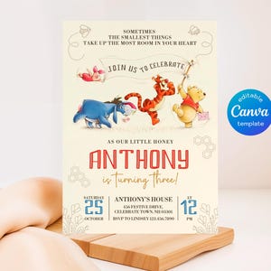 Winnie the Pooh Invitation, Printable Editable Boy Girl Birthday Invite, Electronic invitation, teddy bear Invite template, winnie invite