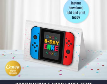 Tente de table imprimable Switch, étiquette de nourriture ou de nom, modèle modifiable de fête d'anniversaire, décorations d'anniversaire de fête de jeu bricolage, articles de fête