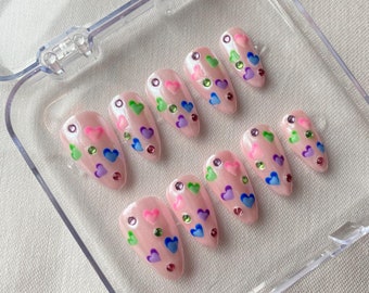 Valentines Day Press On Nails - Conversation Hearts, Pink Chrome, Diamond Gems