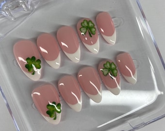St Patrick's Day Press On Nails, French Tip Clover Nails, Customizable Shape