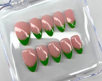 Green French Tip Press On Nails with Sparkle