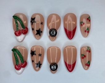 3D Cherries and 8 Ball Press On Nails, French Tip Star Nails