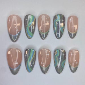 Holographic Chrome with Stars and French Tip Press On Nails, Cosmic Inspired