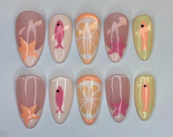 Summer Press On Nails - Fruit, Fish and Stars, Vacation Nails
