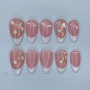 French Tip Press on Nails with Carrots and Flowers, Spring Nails, Easter Nails
