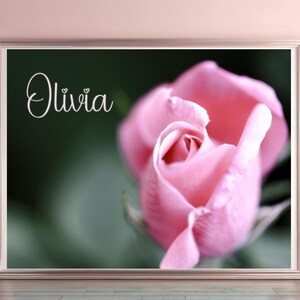 Póster fotográfico de rosa PERSONALIZADO con NOMBRE PERSONALIZADO para habitación de niña, regalo: arte de pared rosa, ¡enviado con tarjeta de notas Pink Poppy Wonders© gratis!