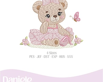 Motif de broderie ourson ballerine (nuancier inclus) - Adorable ourson pour vêtements de bébé - Téléchargement instantané - 4 tailles - Fichier numérique