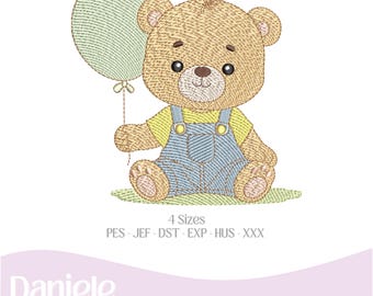 Motif de broderie (nuancier inclus), Bébé ourson avec ballon garçon 1 - Fichier de broderie - Fichier numérique, 4 tailles - Téléchargement instantané