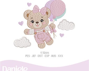 Embroidery design (Color Chart included), baby design Ballon Bear (Girl) - Embroidery file - Digital file, 4 sizes - Instant Download
