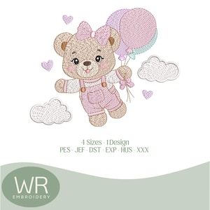 Op de afbeelding: Een borduurontwerp met een lichtbruine teddybeer in een roze tuinbroek met bijpassende strik, die drie ballonnen vasthoudt. De afbeelding bevat kleine paarse hartjes en twee witte wolken. De tekst luidt: 4 Sizes - 1 Design PES - JEF - DST - EXP - HUS - XXX.