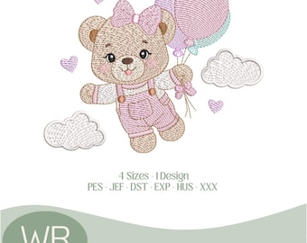 Baby Girl Balloon Bear Embroidery Design – Cute Teddy for Baby Clothes – Machine Embroidery File, 4 Sizes, Instant Download