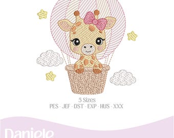 Motif de broderie girafe ballon | Bébé fille | Girafe mignonne | Décoration d'intérieur animalière | Fichier de broderie machine | Téléchargement instantané
