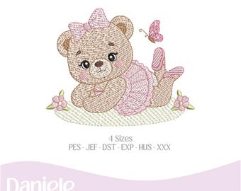 Motif de broderie ourson ballerine (nuancier inclus) - Adorable ourson pour vêtements de bébé - Téléchargement instantané - 4 tailles - Fichier numérique