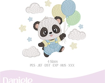 Motif de broderie (nuancier inclus), bébé panda avec ballon - Fichier de broderie - Fichier numérique, 4 tailles - Téléchargement instantané