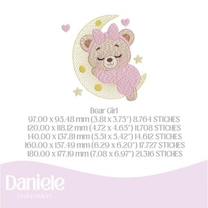 May include: An embroidered design featuring a sleeping bear cub wearing a pink bow and pajamas, resting on a crescent moon. The design includes stars and hearts, with the text "Bear Girl".