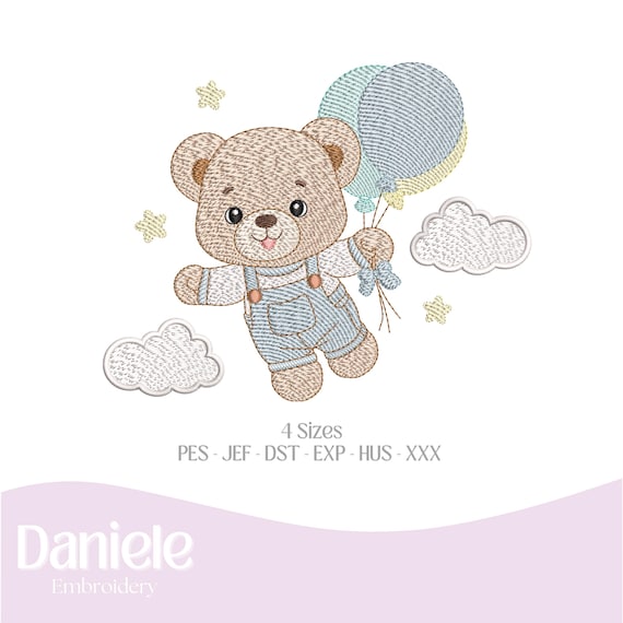 Baby Boy Balloon Bear Embroidery Design – Cute Teddy for Nursery – Machine Embroidery File, 4 Sizes, Instant Download
