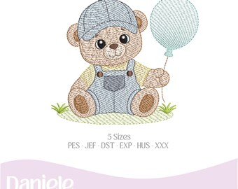 Motif de broderie ourson en peluche avec ballon | Bébé garçon | Ourson assis | Fichier de broderie machine | Téléchargement instantané