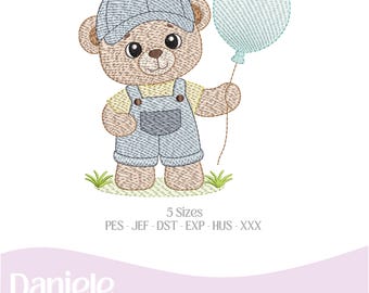 Motif de broderie ourson en peluche avec ballon | Bébé garçon | Ours debout | Fichier de broderie machine | Téléchargement instantané
