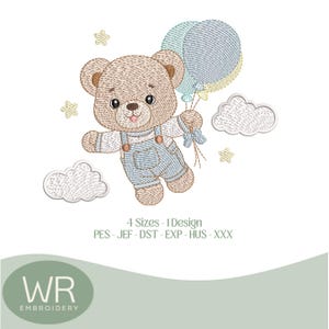 May include: An embroidery design featuring a brown teddy bear wearing blue striped overalls, holding three balloons in blue and yellow. The scene includes two white clouds and three small yellow stars. Text reads 4 Sizes 1 Design PES JEF DST EXP HUS XXX.