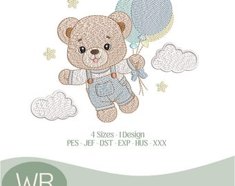 Baby Boy Balloon Bear Embroidery Design – Cute Teddy for Nursery – Machine Embroidery File, 4 Sizes, Instant Download