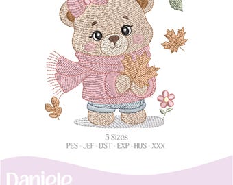 Motif de broderie (nuancier inclus), Ourson bébé fille - Fichier de broderie - Fichier numérique, 5 tailles - Téléchargement instantané