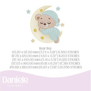May include: An embroidered design featuring a sleeping bear wearing a blue cap and pajamas, resting on a crescent moon. The design includes stars and the text "Bear Boy". The design sizes range from 3.74 x 3.81 inches to 6.95 x 7.08 inches.