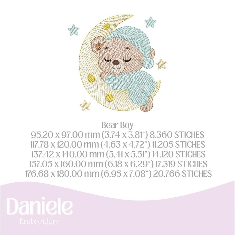 May include: An embroidered design featuring a sleeping bear wearing a blue cap and pajamas, resting on a crescent moon. The design includes stars and the text "Bear Boy". The design sizes range from 3.74 x 3.81 inches to 6.95 x 7.08 inches.
