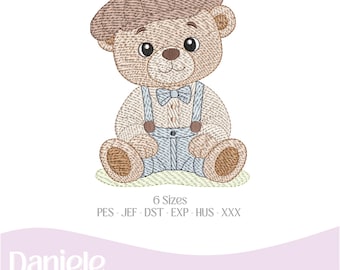 Motif de broderie (nuancier inclus), motif bébé ours en peluche vintage garçon 2 - Fichier de broderie - Fichier numérique, 6 tailles - Téléchargement instantané