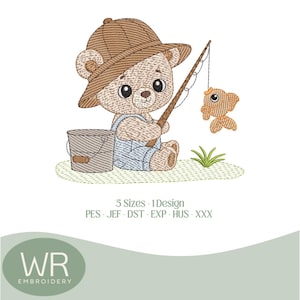 Embroidery design (Color Chart Included), baby design Teddy Bear Fisherman - Embroidery file - Digital file, 5 sizes - Instant Download