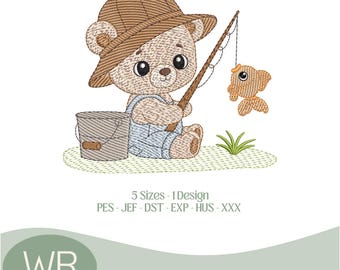 Embroidery design (Color Chart Included), baby design Teddy Bear Fisherman - Embroidery file - Digital file, 5 sizes - Instant Download