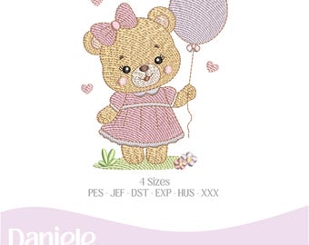 Embroidery design (Color Chart Included), Baby Teddy Bear With Balloon Girl 3 - Embroidery file - Digital file, 4 sizes - Instant Download