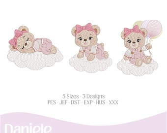 Motifs de broderie « Premiers instants d’un bébé ours » – 3 adorables ours en peluche – Fichiers de broderie machine