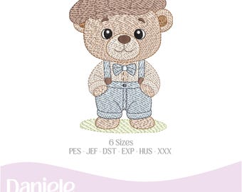 Motif de broderie (nuancier inclus), motif bébé ours en peluche vintage garçon 3 - Fichier de broderie - Fichier numérique, 6 tailles - Téléchargement instantané
