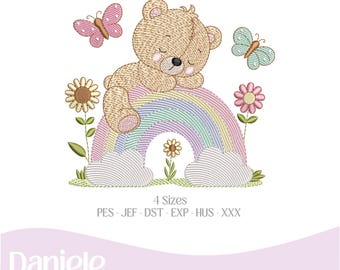 Embroidery Design (Color Chart Included), baby design Rainbow Bear Girl - Embroidery file - Digital file, 4 sizes - Instant Download