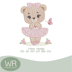Ballerina Teddy Bear Embroidery Design (Color Chart Included) - Cute Girl Bear for Baby Clothes - Instant Download - 4 Sizes - Digital File