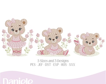 Trio d'oursons ballerines – Motif de broderie machine (nuancier inclus) – Adorable peluche pour bébé – 5 tailles et 3 motifs