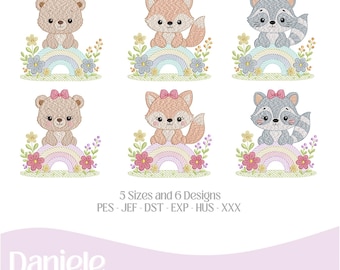 Motif de broderie machine – Trio garçon et fille en forêt – Fichier de broderie numérique – 5 tailles, 6 motifs – Téléchargement instantané