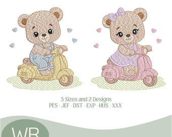Ensemble de motifs de broderie « Bébé ourson sur trottinette » – Ours en peluche garçon et fille – Motif de broderie machine pour articles de bébé