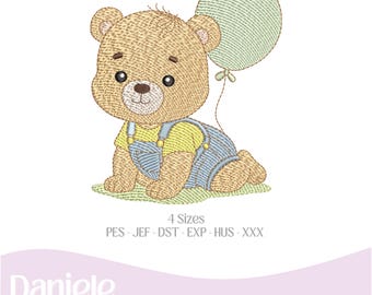 Motif de broderie (nuancier inclus), Bébé ourson avec ballon garçon 2 - Fichier de broderie - Fichier numérique, 4 tailles - Téléchargement instantané